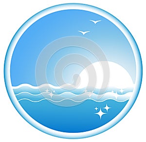 Icon with sea wave, sun and seagull