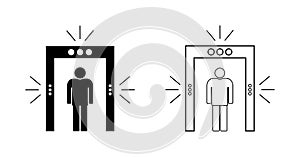 Icon of security in airport. Metal detector for check, inspection of body. Gate of scan in airport. Sign of scanner of tsa. photo
