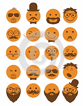 Icon set 20 man`s faces orange