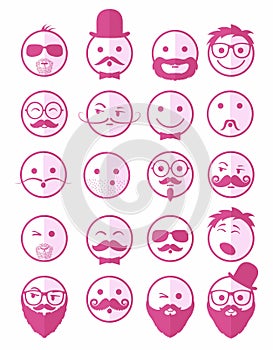 Icon set 20 man`s faces pink half