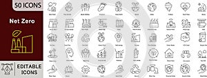 Net Zero Line Icons: Eco-Friendly, Carbon Neutral and Green Energy.
