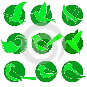 Icon set - abstract birds on green circles, for environmental companies