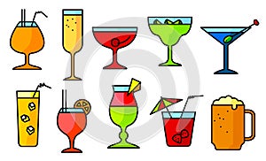 Icon set with alcohol cocktails. Thin simple line style collection with drinks,