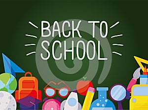 Icon set of back to school under green board vector design