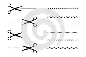 Icon set of black scissors with a variety of cut lines