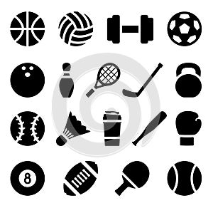 Icon set of black simple silhouette of sports equipment in flat design