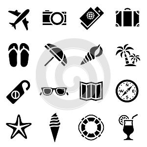 Icon set of black simple silhouette on the subject of tourism and traveling in flat design