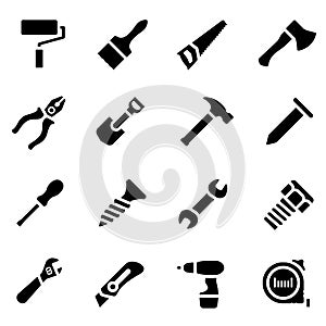 Icon set of black simple silhouette of work tools in flat design