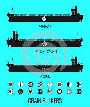 Icon set of bulk carriers for transportation of bulk cereals and icons of grain, corn, sunflower. Constructor for designer.