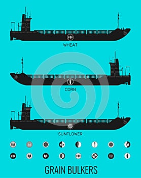 Icon set of bulk carriers for transportation of bulk cereals and icons of grain, corn, sunflower. Constructor for designer.