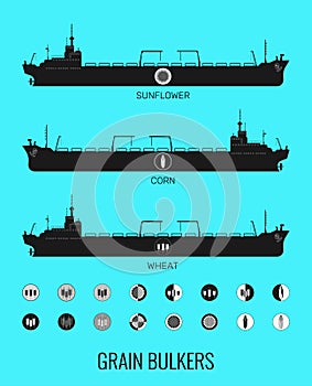 Icon set of bulk carriers for transportation of bulk cereals and icons of grain, corn, sunflower. Constructor for designer.