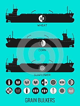 Icon set of bulk carriers for transportation of bulk cereals and icons of grain, corn, sunflower. Constructor for designer.