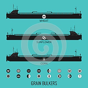 Icon set of bulk carriers for transportation of bulk cereals and icons of grain, corn, sunflower. Constructor for designer.