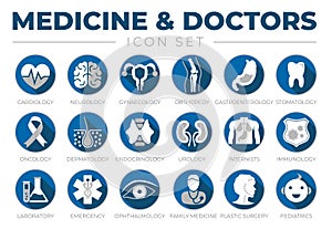 Icon Set of Cardiology, Neurology, Gynecology, Orthopedy, Gastroenterology, Stomatology,Oncology, Dermatology, Urology, Internists