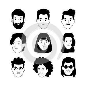 Icon set of cartoon people faces smiling