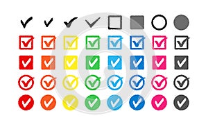 Icon set of check mark design and checkbox buttons isolated on a white background.