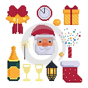 Icon set for christmas party. Items for the holiday. 8 bit. Graphics for games .Vector illustration in pixel art style