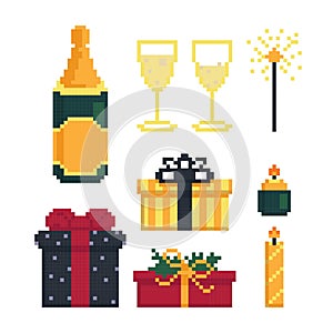 Icon set for christmas party. Items for the holiday. 8 bit. Graphics for games .Vector illustration in pixel style