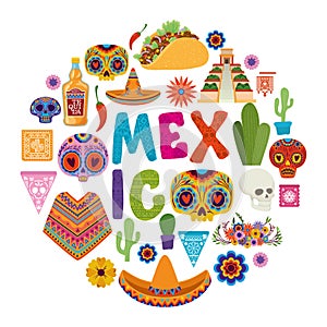 Icon set circle and mexico day of the dead vector design