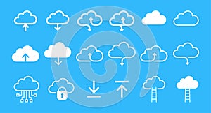 con Set of Cloud computing. Cloud technology and Hosting network icons for web and mobile