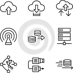 Cloud Computing, Data Transfer, and Networking Icon Set: Line Art Vector