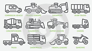 Icon set of construction equipment. Special machines for the construction work. Special equipment. Commercial Vehicles. Vector