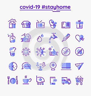 Icon set for coronavirus COVID-19 quarantine, remote working, food delivery, prevention measures