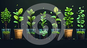 An icon set depicting a growing seedling plant shoot. A gardener in agriculture. A biotechnology plant. Sowing seeds.