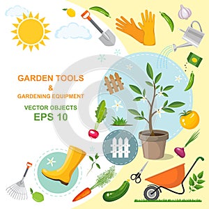 Icon set of different kind gardening tools, equipment, vegetables and plants. A colorful designs of spring horticulture. Planting