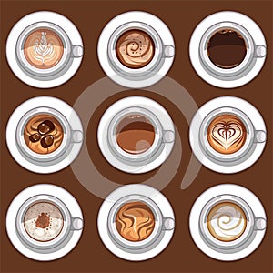Icon set of different sorts of coffee in white cups