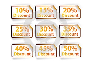 Icon set discount labels on orange white background, illu