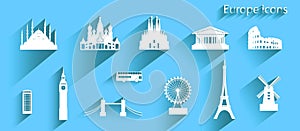 Icon set of europe architecture symbol on blue background.