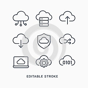 Cloud Computing Icon Set: Editable Stroke Line Icons for Data, Security, and Networking