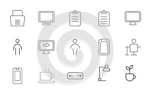 Icon set featuring various symbols including documents computers people and objects for business and lifestyle themes