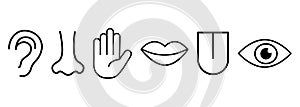 Icon set of the five human senses: vision eye, smell nose, hearing ear, touch hand, taste mouth with tongue. Simple,