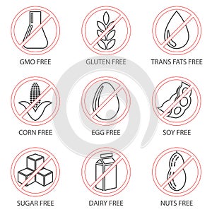 The icon set is free. Icons of food products that cause allergies in the crossed-out circle.