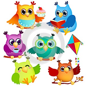 Icon set funny cartoon owls in various poses