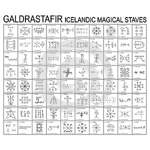 Icon set with Galdrastafir Icelandic Magical Staves with their meanings