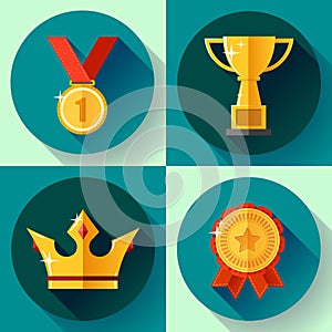 Icon set Golden victory symbols champion cup, crown, medal, badge. Flat design.