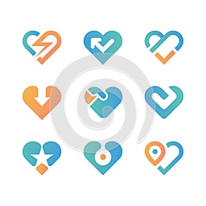 Icon Set for Heart or Love with various design in blue and orange color