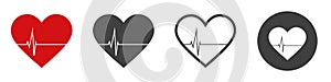 Icon Set of Hearts with heartbeat cardiogram line showing pulse