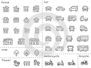 icon set of house and car and bike and plant - only line drawing,line is Stroke -