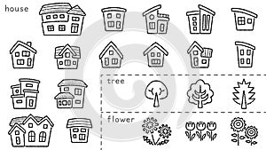 icon set of house and tree and flower - only hand writing style line drawing -