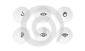Icon set of human senses: vision, smell, hearing, touch, taste. Eye, nose, ear, hand, mouth with tongue. Vector on isolated white