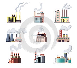 Icon set of industrial factory. Manufactory industrial buildings refinery factorys or nuclear power stations. Complex of