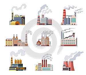 Icon set of industrial factory. Manufactory industrial buildings refinery factorys or nuclear power stations. Complex of