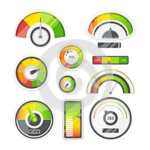 Icon set of level meters, tachometer and battery level. Vector pictures set