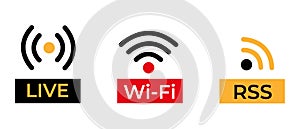 Icon set for Live, Wi-Fi and RSS. Vector