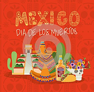 Icon set and mexico day of the dead on red background vector design