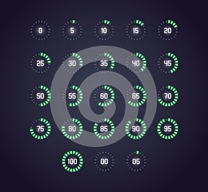 Icon set in neon style of loading, buffering, progress wheel in dots